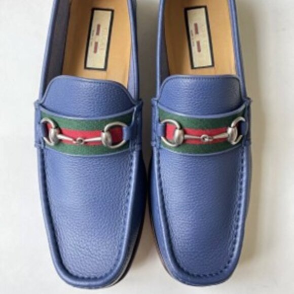GUCCI Wislet Gold Horsebit Blue Leather Loafers 1953 Sz UK 7.5 US 8 $900